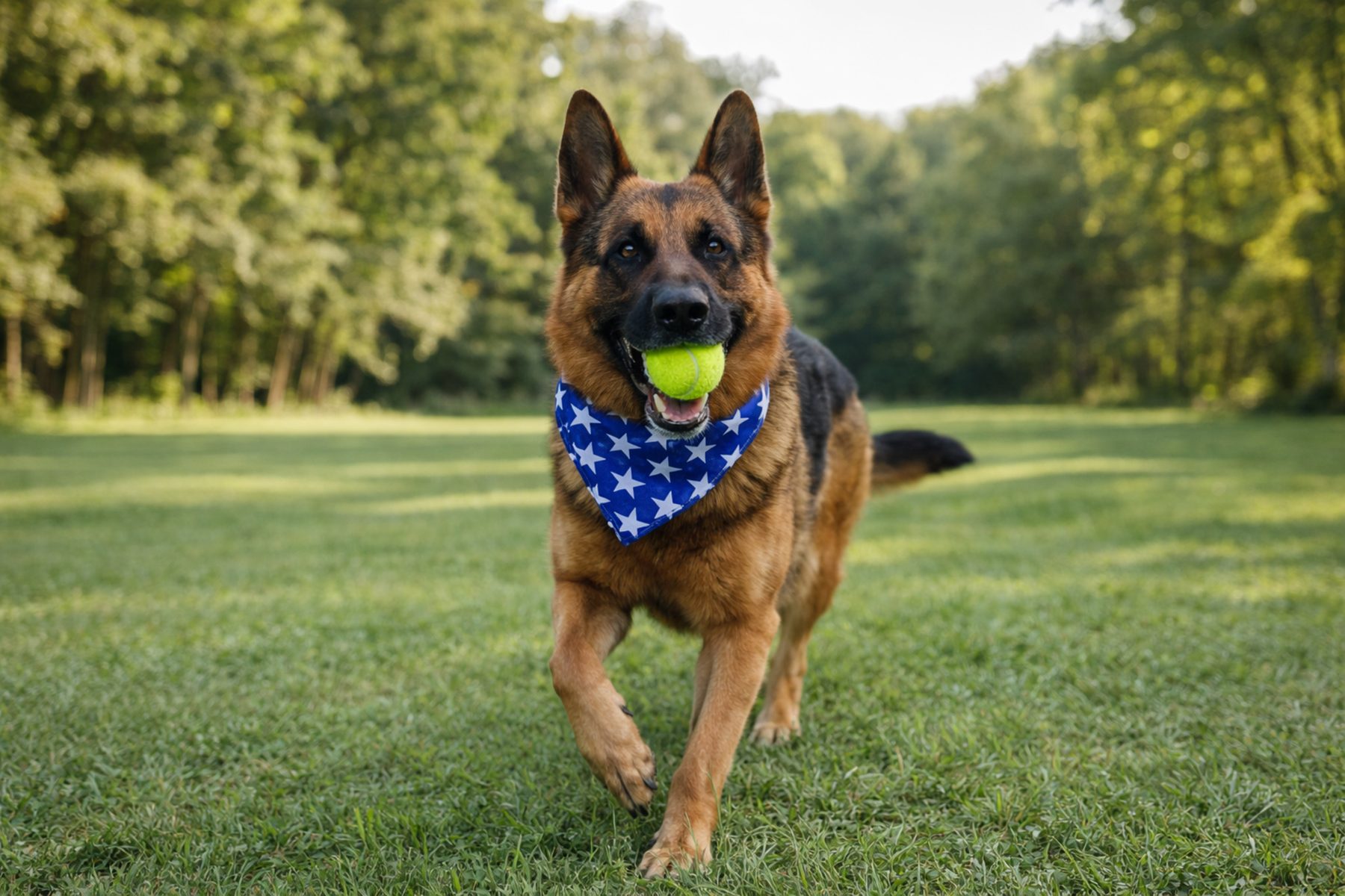 German Shepherd running with a tennis ball in its mouth